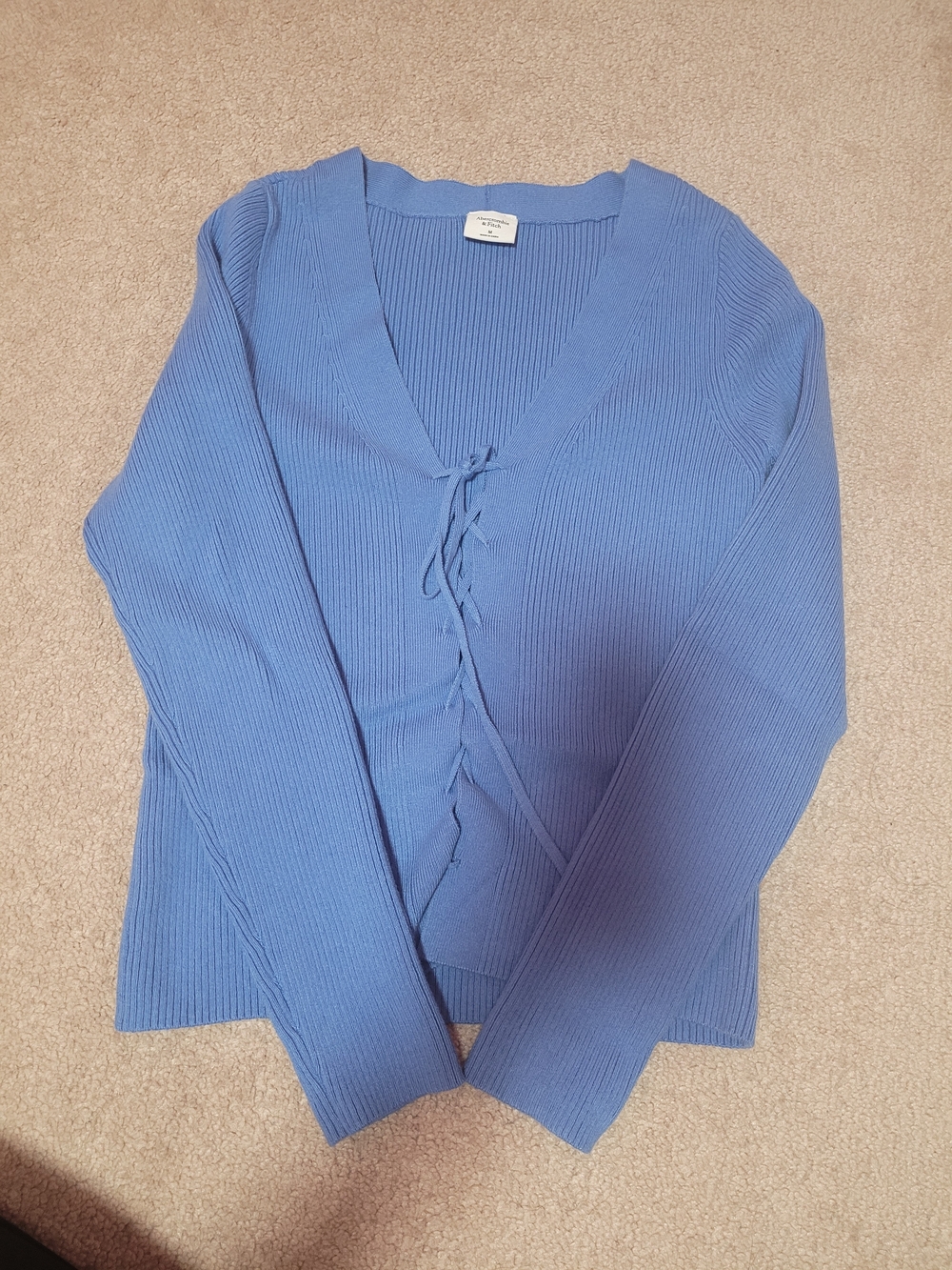 Abercrombie & Fitch Blue Ribbed V-Neck Lace-Up Sweater